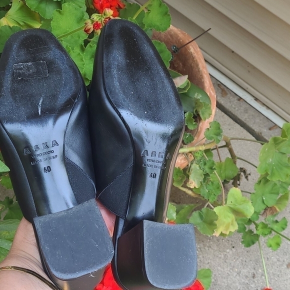 ASKA Italian black genuine leather chunky block heels mules vintage clogs - Picture 5 of 9